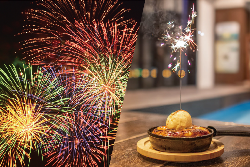 「ふじさわ花火大会」のイメージと、当日限定花火の演出付きコース料理のデザート
